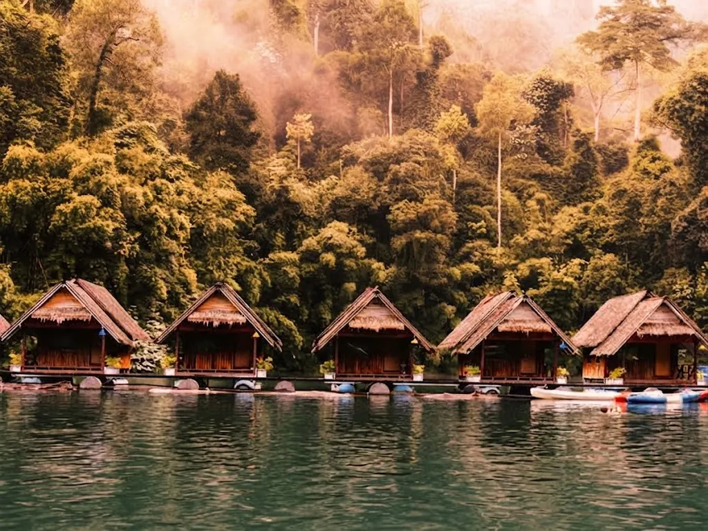 Thatched floating bungalows in front of misty rainforest on Cheow Lan Lake