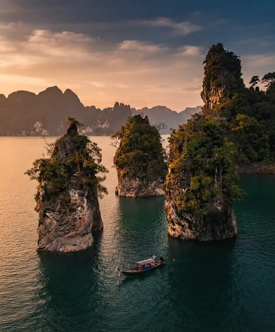 Three limestone pillars and a lone long-tail boat on the lake at dusk
