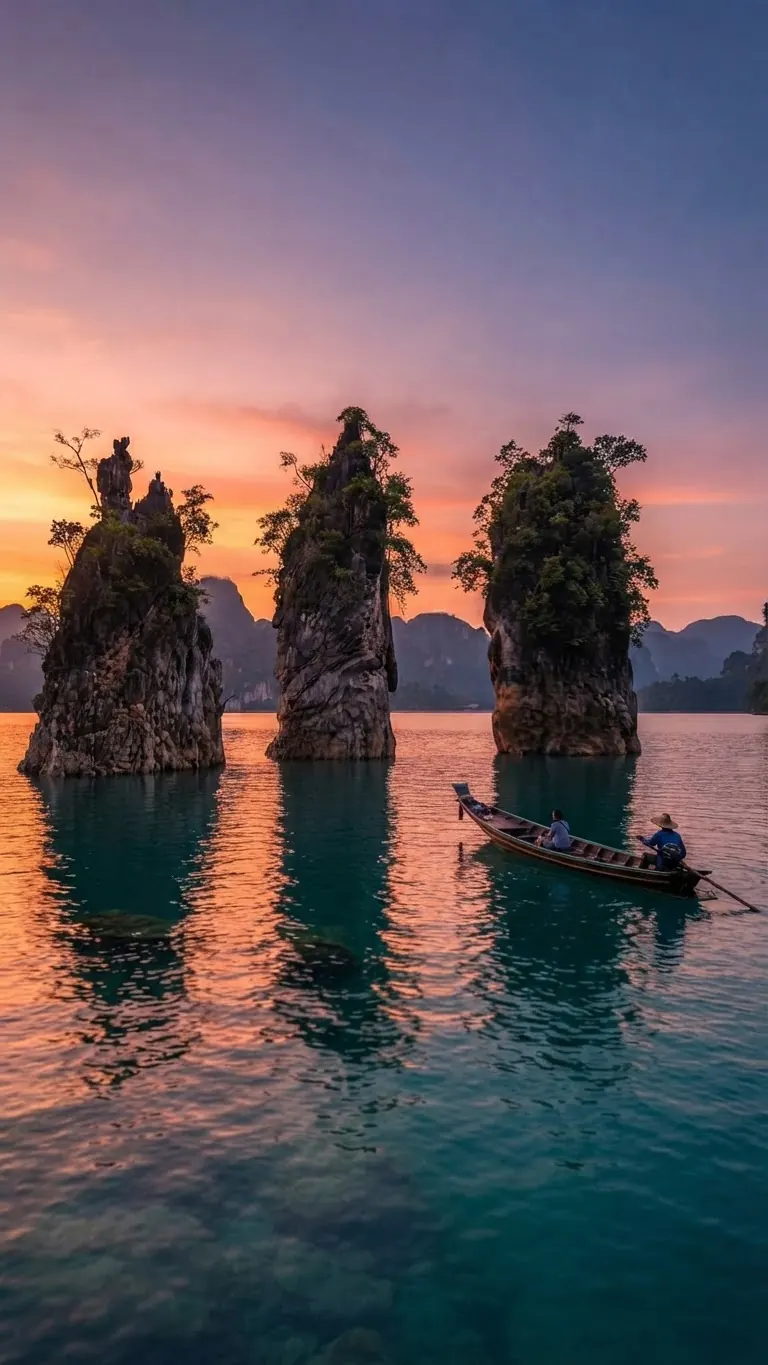 Three karst pillars at sunset with a long-tail boat below