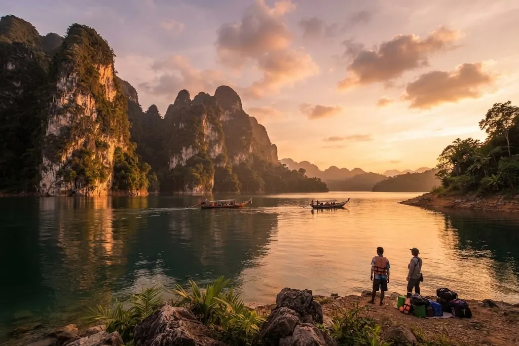 Two travellers on a rocky lakeshore watching the sunset over karst cliffs and boats