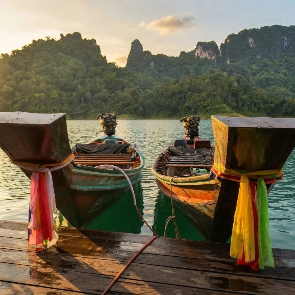 Two long-tail boat bows wrapped in coloured ribbons at a jetty