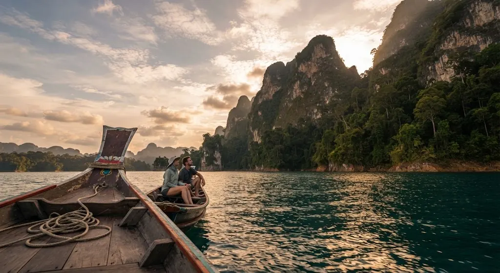 Two long-tail boats with passengers at sunset near limestone cliffs