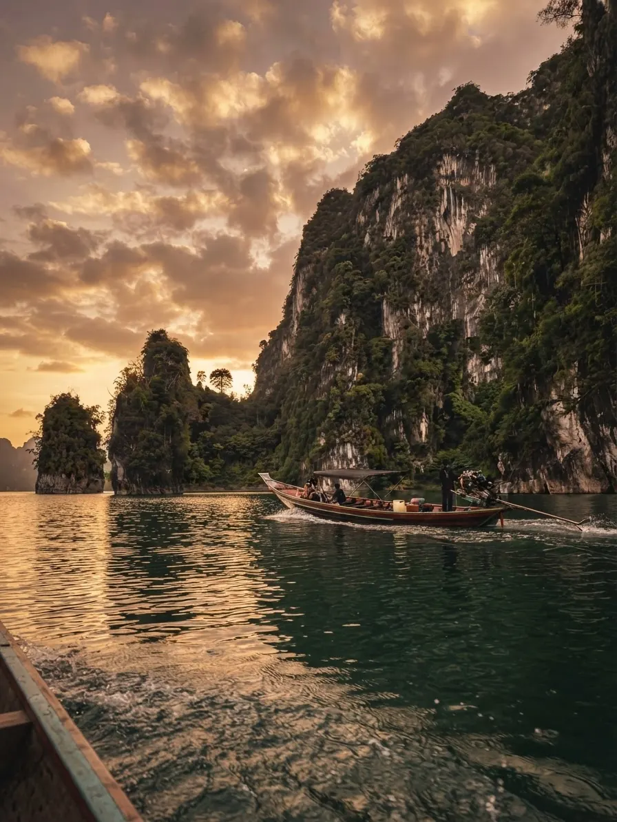 View from a moving long-tail boat toward karst cliffs at sunset